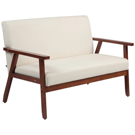 Compact Loveseat Sofa, Linen Fabric, Rubber Wood Legs, Cream White 2-Seater Sofas Cream White, Coffee at Gallery Canada