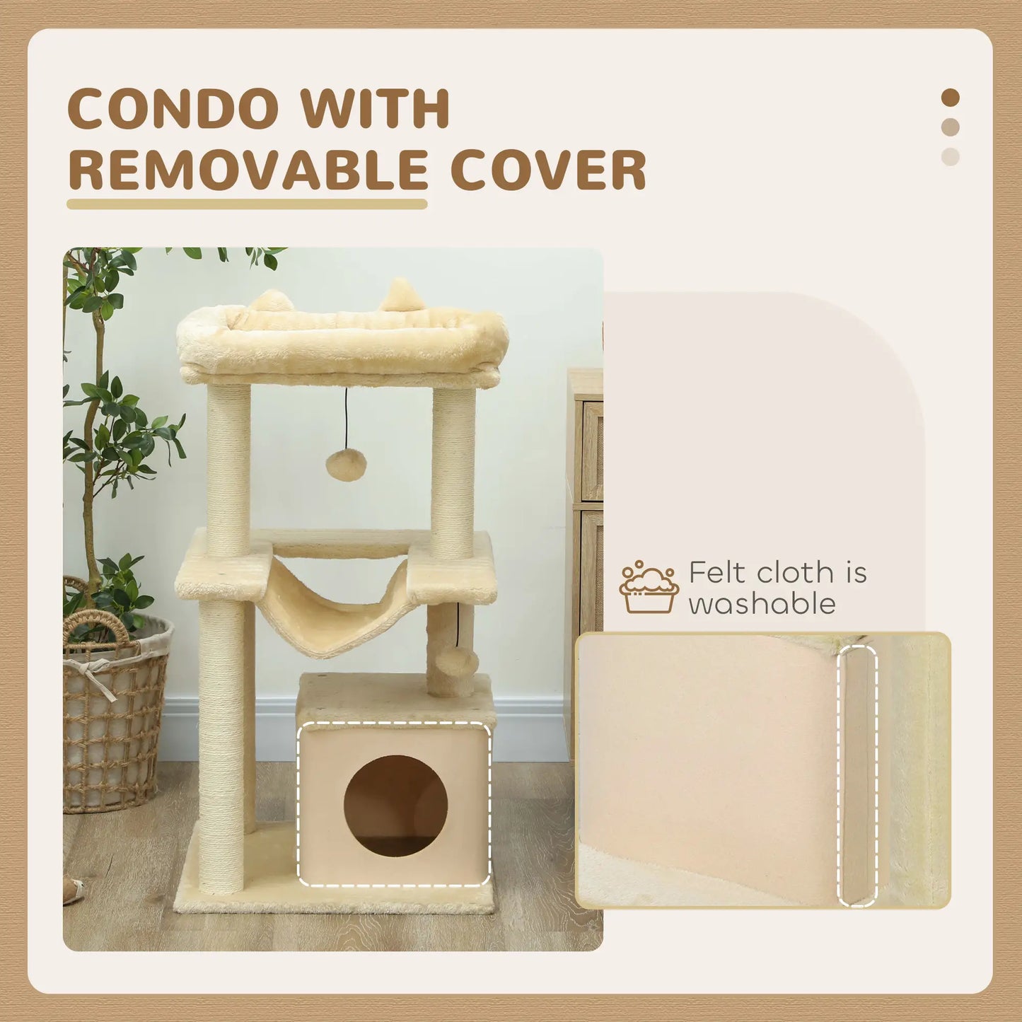 39.25'' Cat Tree Tower, Multi-Level Kitten House, Scratching Post, Hammock Bed, Beige Cat Posts at Gallery Canada