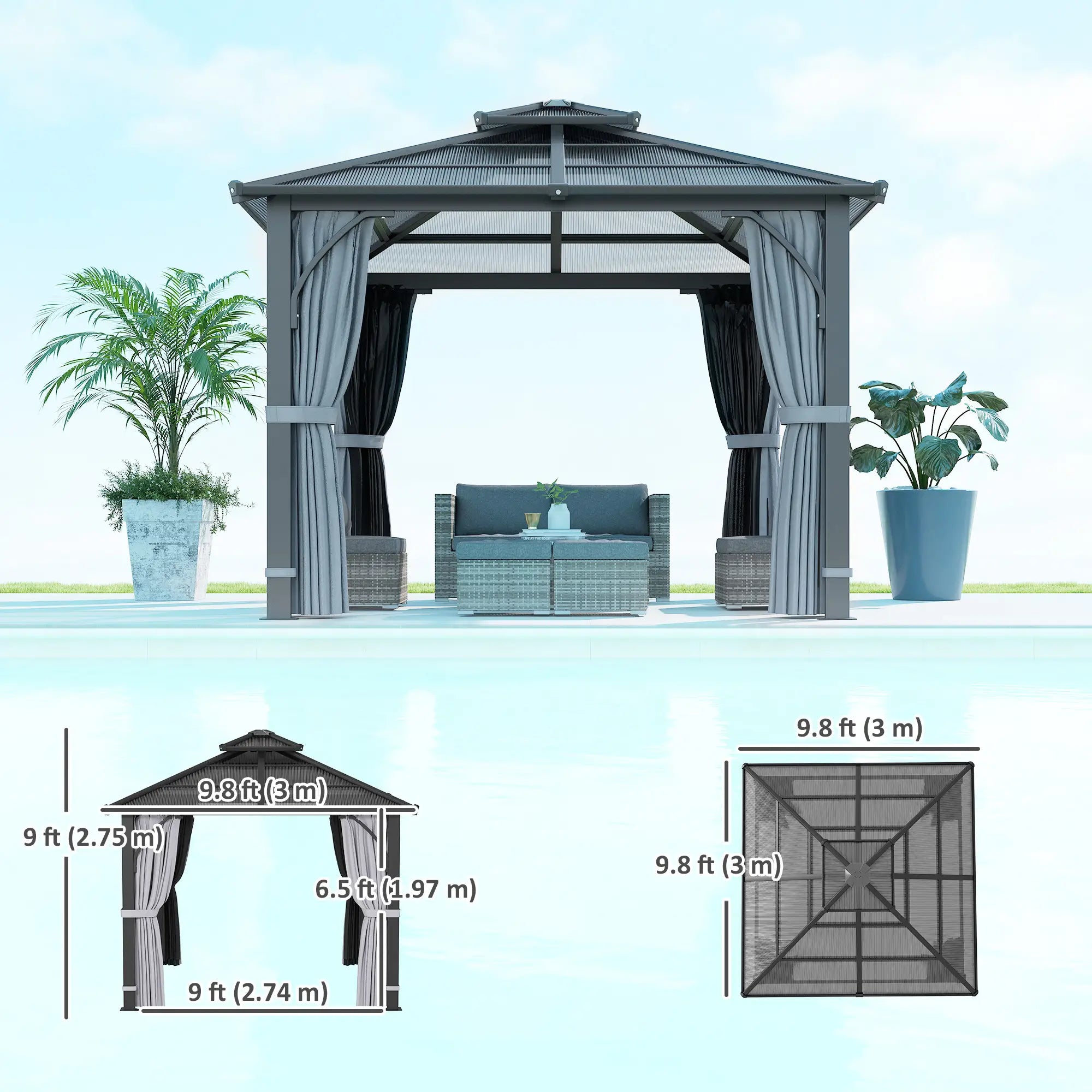 10' x 10' Hardtop Gazebo, 7mm Double Polycarbonate Roof, Netting, Curtains Gazebos at Gallery Canada