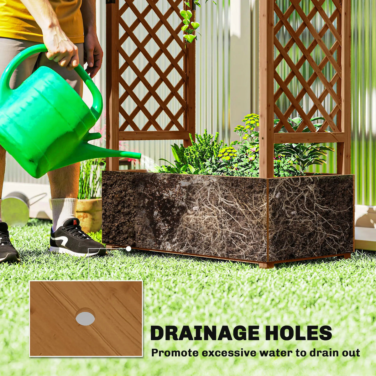 Lit de jardin surélevé en bois avec treillis et toit suspendu, orange