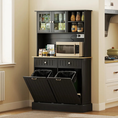 Kitchen Cabinet with Charging Station, 2 Tilt Out Cabinets, Microwave Stand, Black Kitchen Pantry Cabinets at Gallery Canada