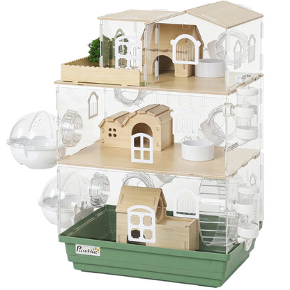 Large Hamster Cage, 3 Tiers Acrylic Hamster Habitat with Water Bottles, Running Wheel for Pet Mice, Dwarf Hamster Hamster Cages Green, Transparent, Natural Wood at Gallery Canada