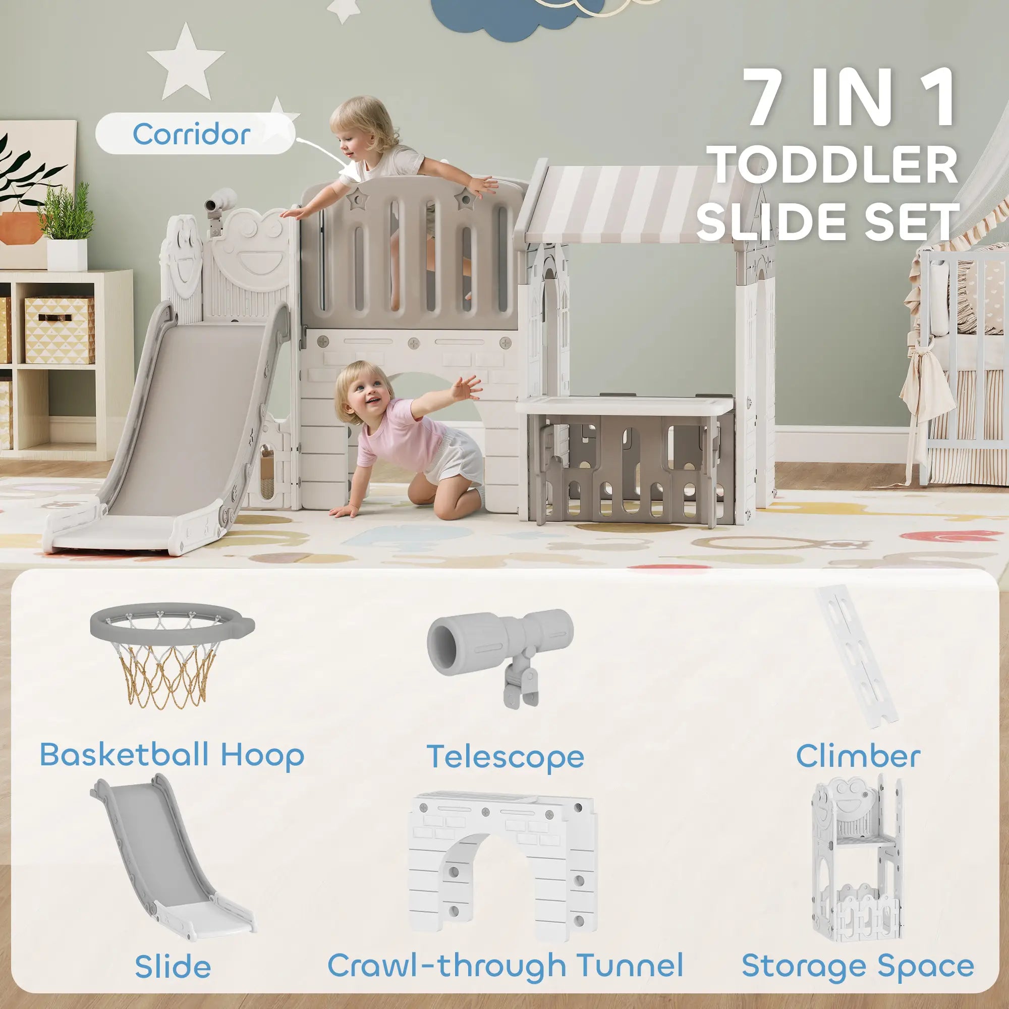 7-in-1 Toddler Slide Climber Playset with Playhouse, Basketball Hoop, Grey Gym Sets & Swings at Gallery Canada