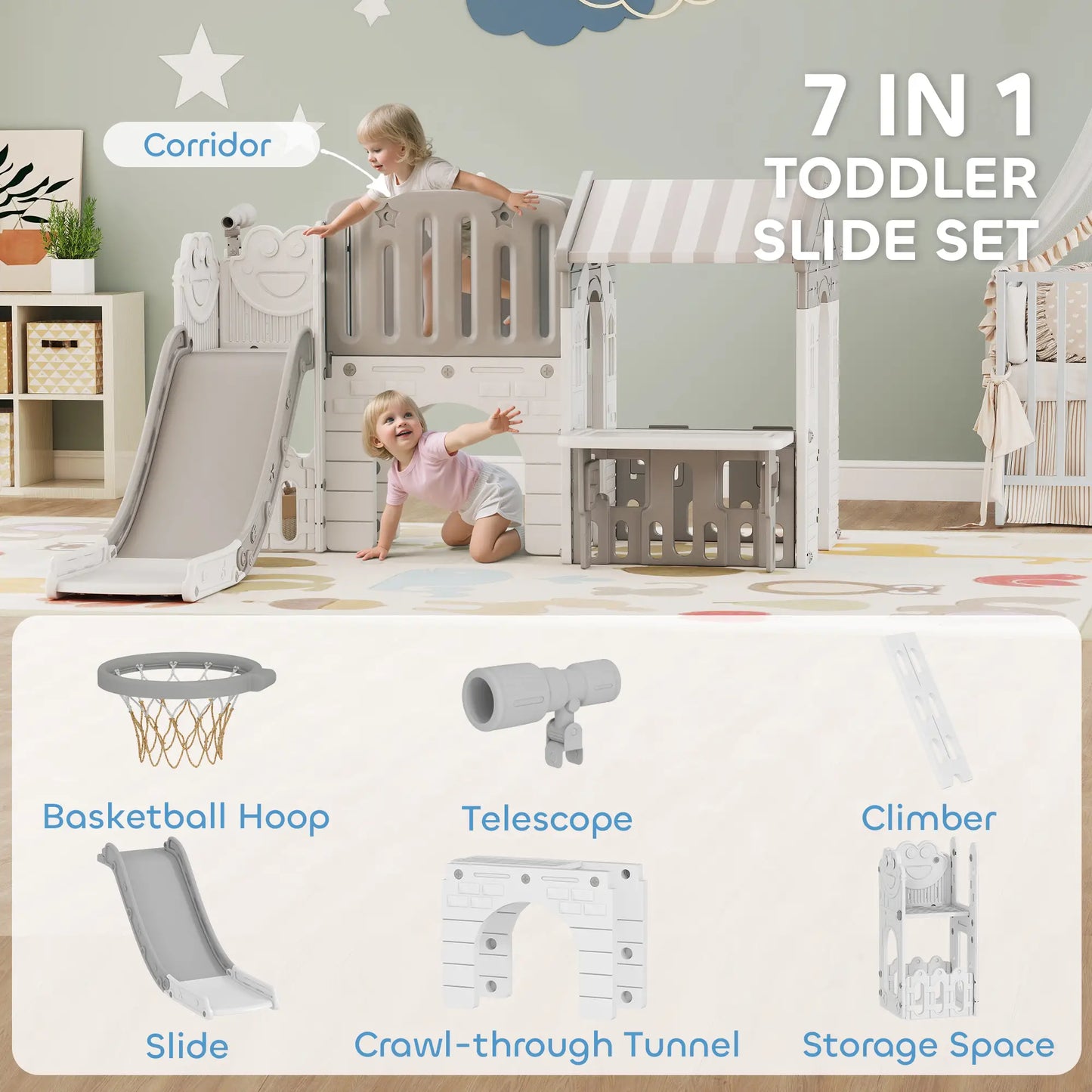 7-in-1 Toddler Slide Climber Playset with Playhouse, Basketball Hoop, Grey Gym Sets & Swings at Gallery Canada