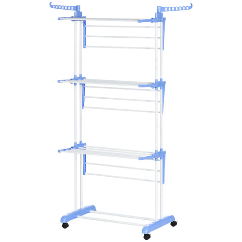 Foldable 4-Tier Steel Clothes Drying Rack, 2 Side Wings, 4 Castors, Indoor Outdoor, Blue