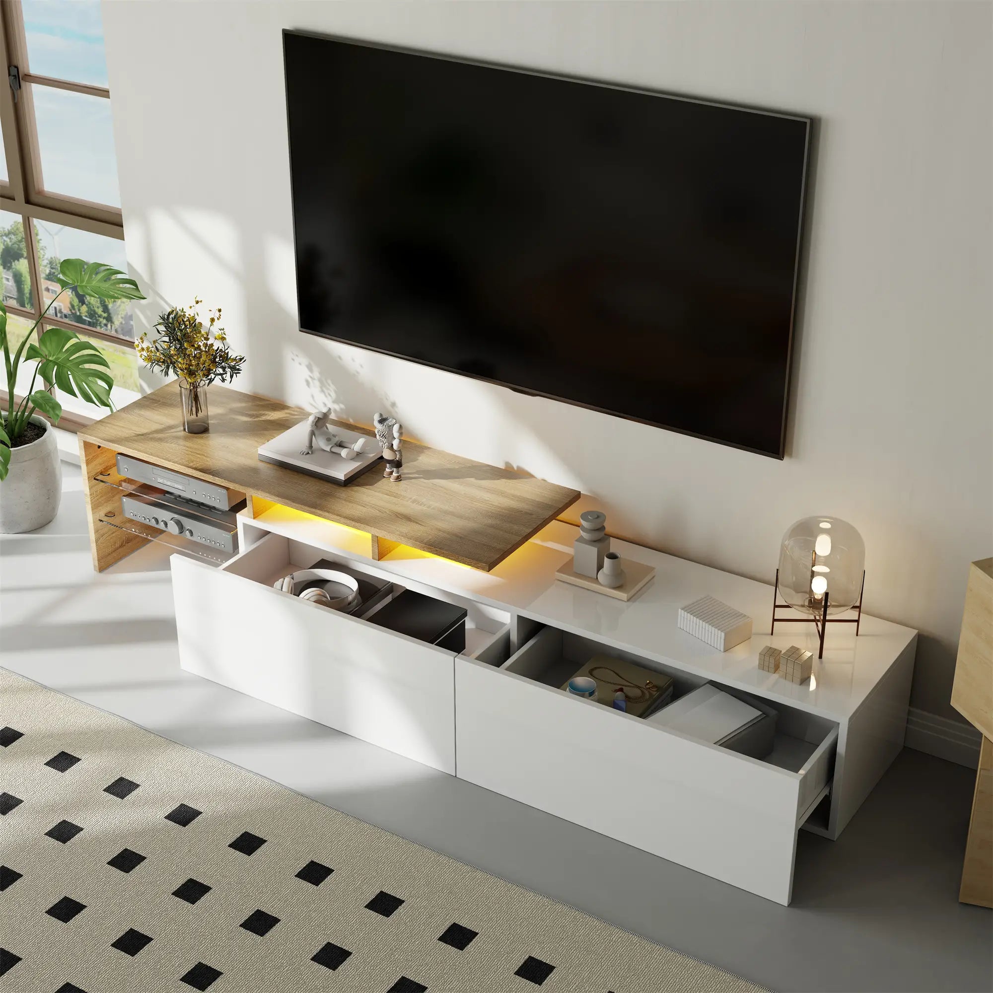 TV Stand With Glass Shelves, LED Lighting, 67