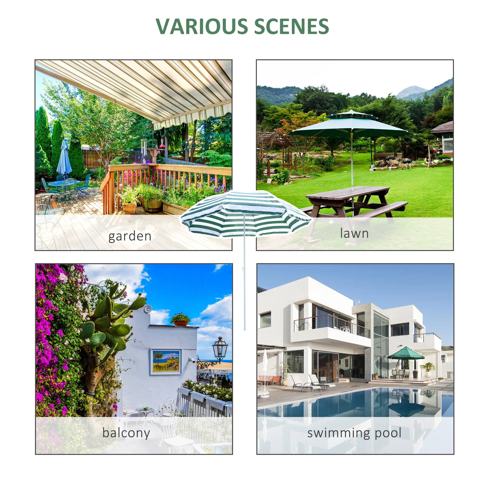 6FT Round Beach Umbrella, Tilt Mechanism, UV Protection, Striped, Green Beach Umbrellas at Gallery Canada