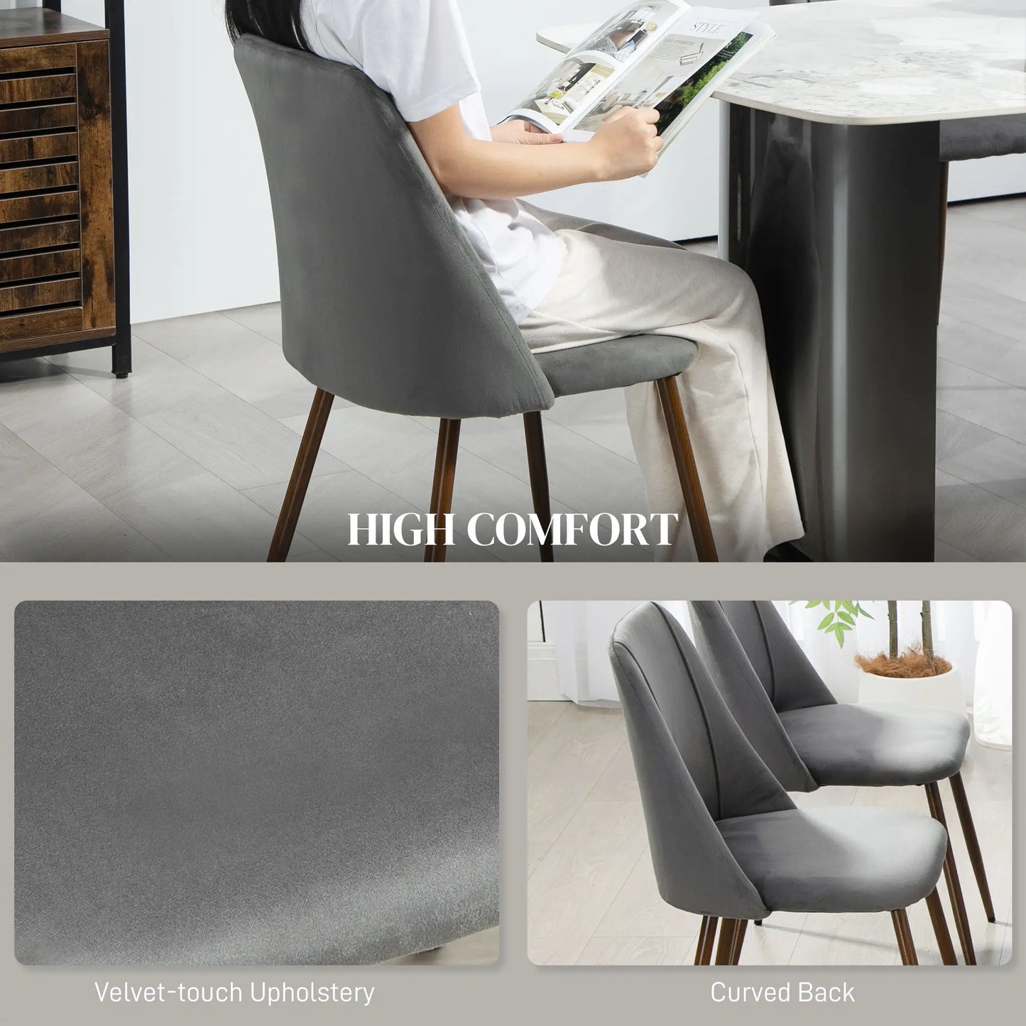 Upholstered Dining Chairs Set of 4, Velvet, Wood-Grain Steel Leg, Dark Grey Dining Chairs at Gallery Canada