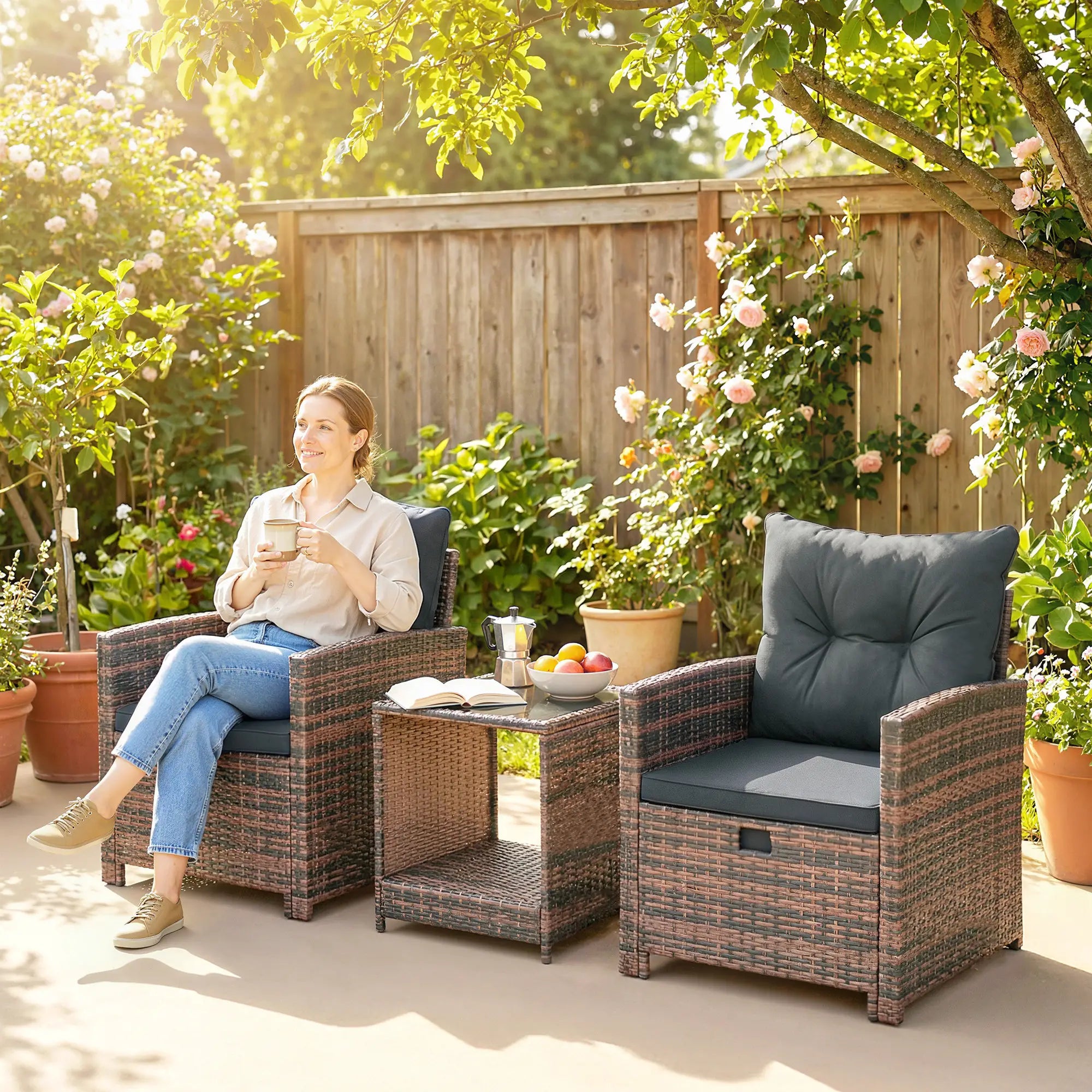 5 Piece Patio Furniture Set, Wicker Chairs, 2-Tier Glass Table, Brown/Dark Grey Patio Furniture Sets at Gallery Canada