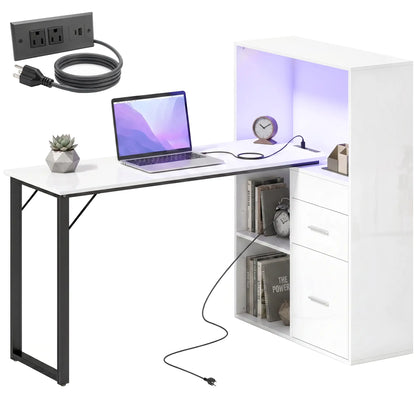 54" Computer Desk With Drawers, Power Outlets, LED Lights, White