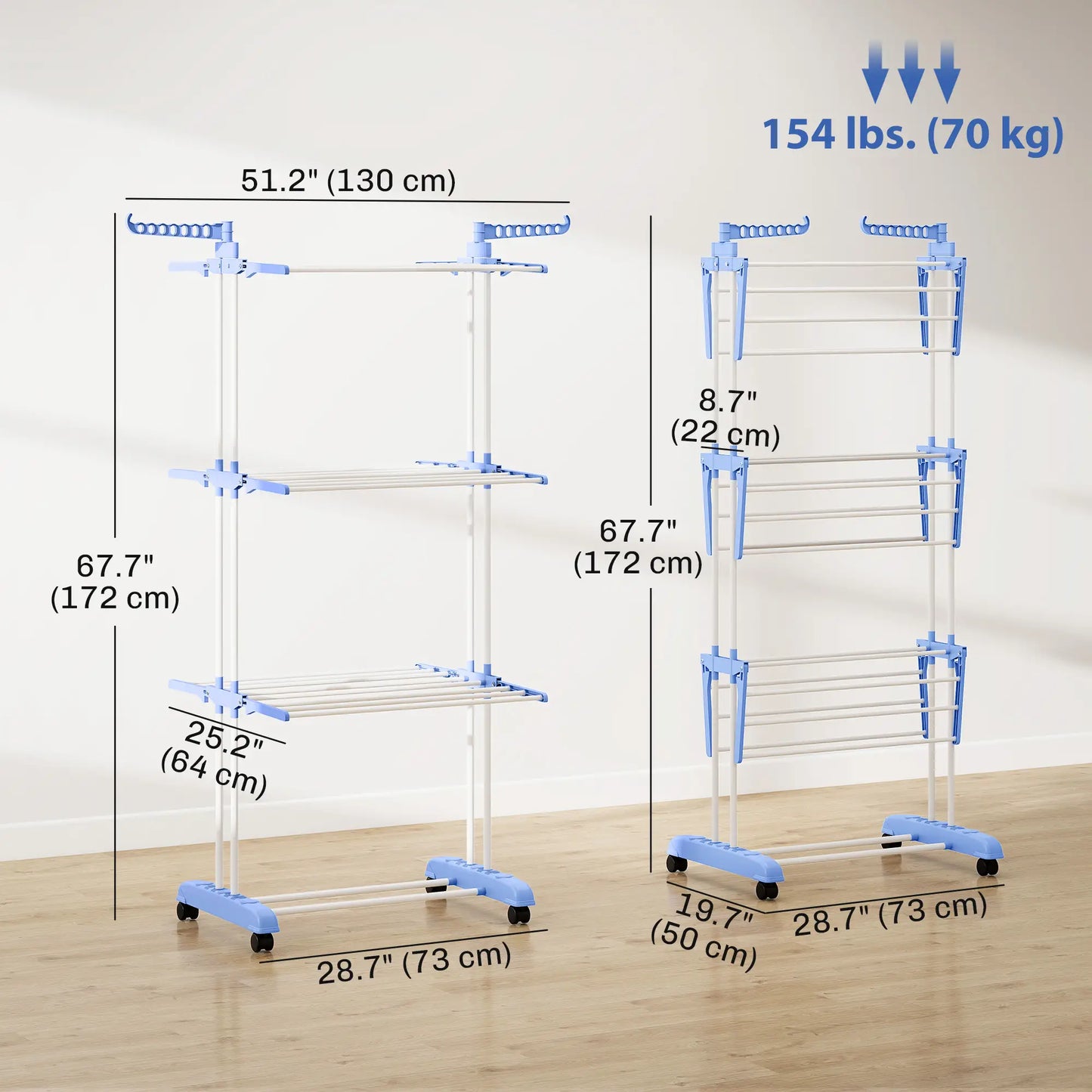 Foldable 4-Tier Steel Clothes Drying Rack, 2 Side Wings, 4 Castors, Indoor Outdoor, Blue Bath Accessories at Gallery Canada