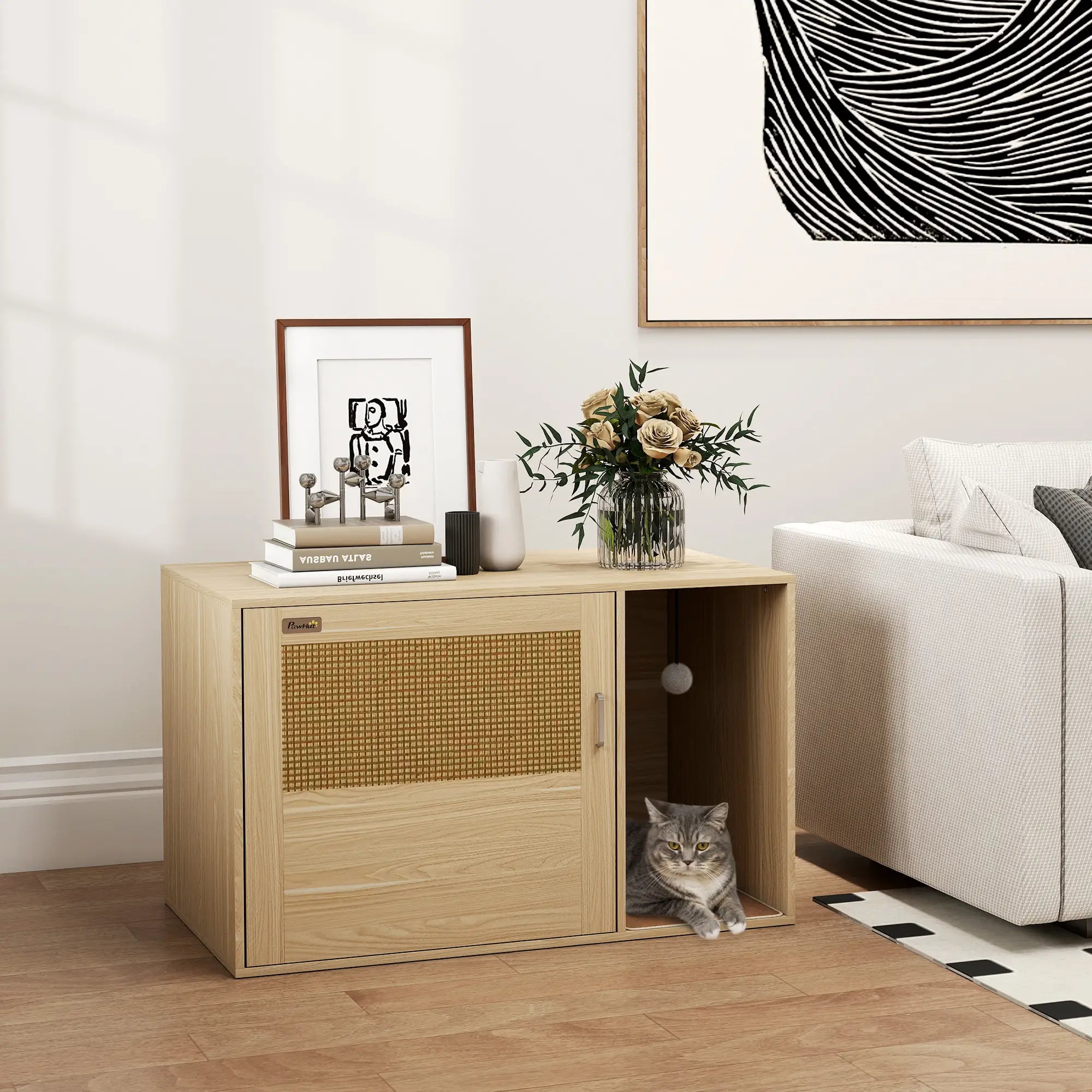 Cat Litter Box Enclosure, End Side Table, Rattan Door, Scratching Pad, Oak Cat Litter Box Enclosures at Gallery Canada
