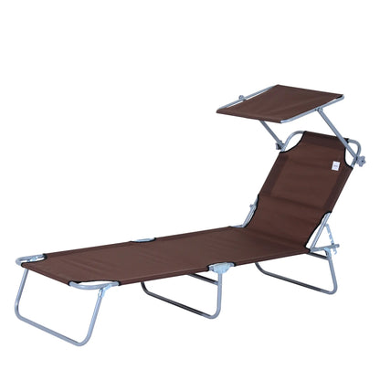 Adjustable Folding Chaise Lounge, Outdoor Tanning Chair with Sun Shade, Brown Lounger Chairs Brown at Gallery Canada