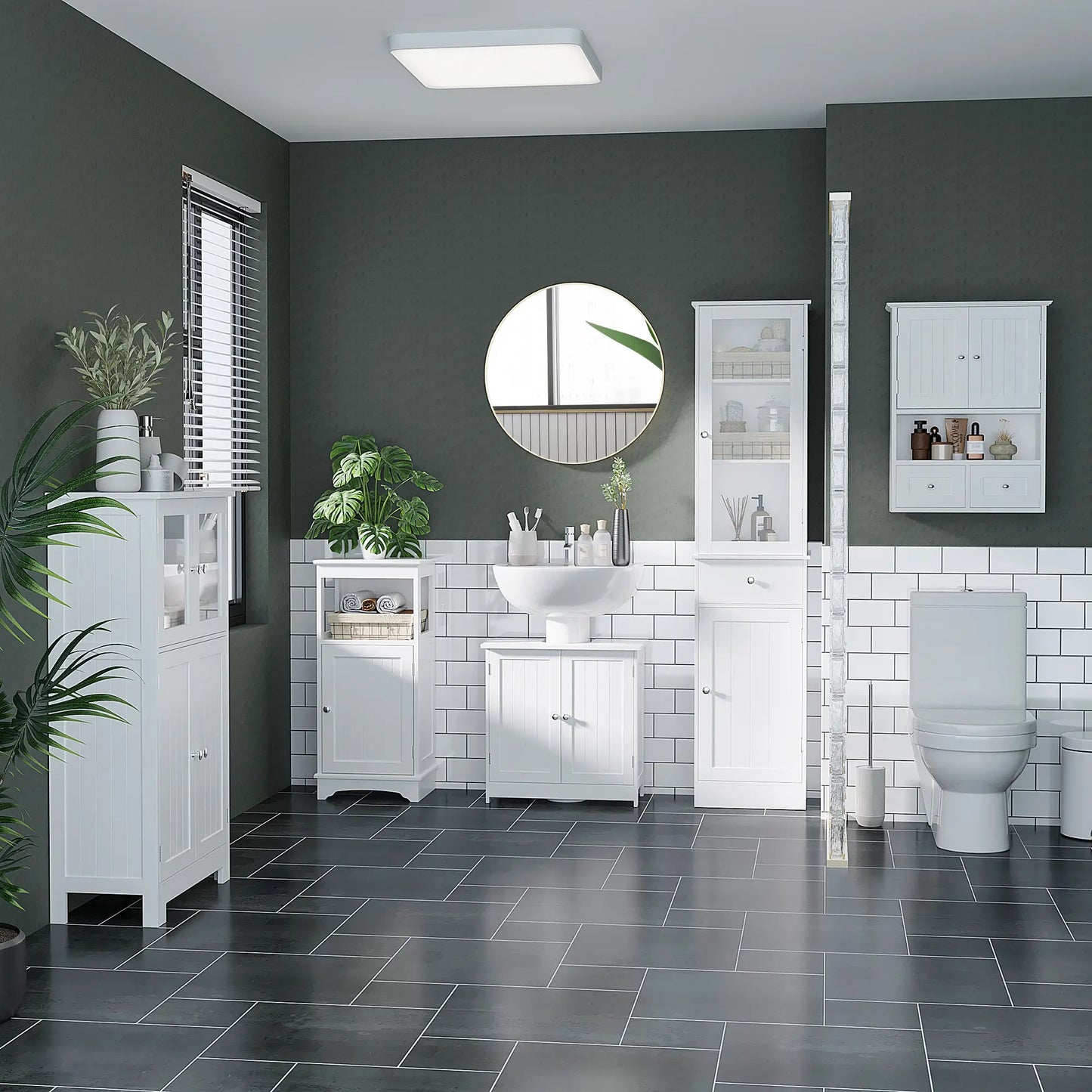 Bathroom Floor Storage Cabinet, Tempered Glass Doors, Adjustable Shelf, White Bathroom Cabinets at Gallery Canada