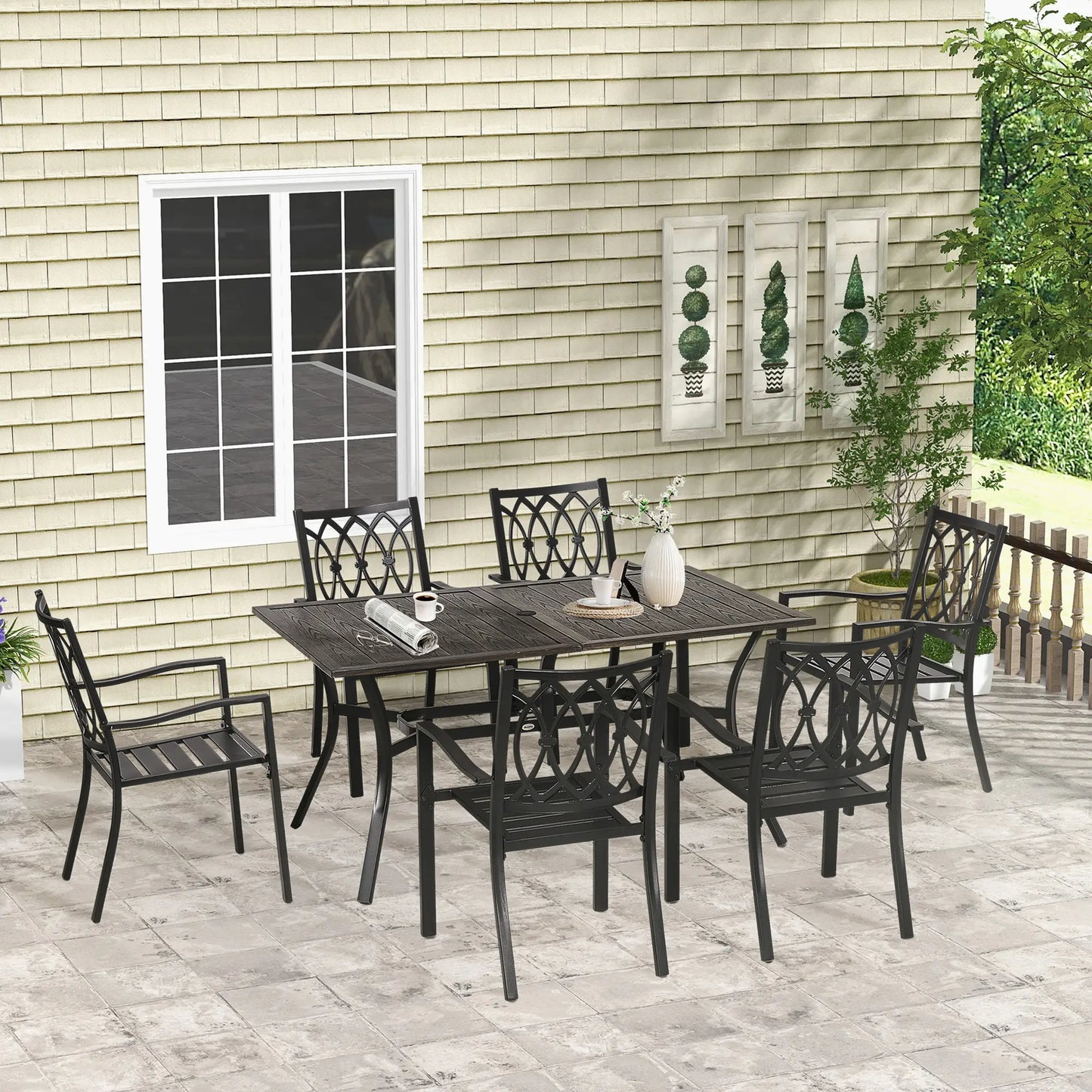 7-Piece Outdoor Dining Set, 6 Stackable Chairs, Wood Grain Top, Brown Outdoor Dining Sets at Gallery Canada