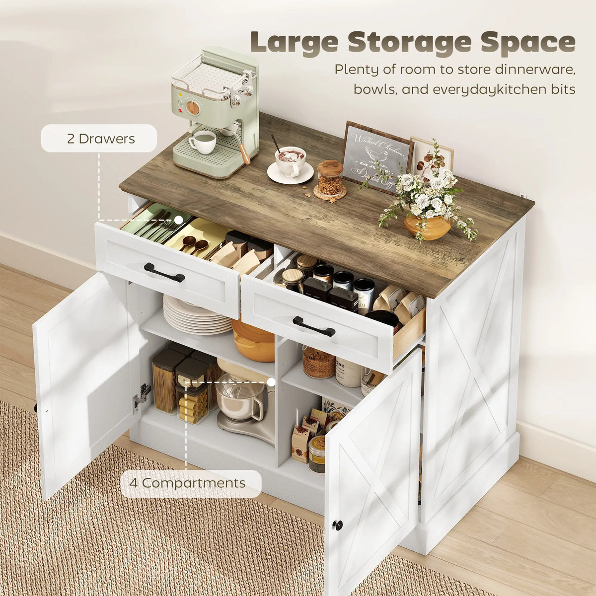 Kitchen Island with Sitting Space, Sideboard Cabinet with 2 Drawers and 2 Adjustable Shelves for Dining Room, White