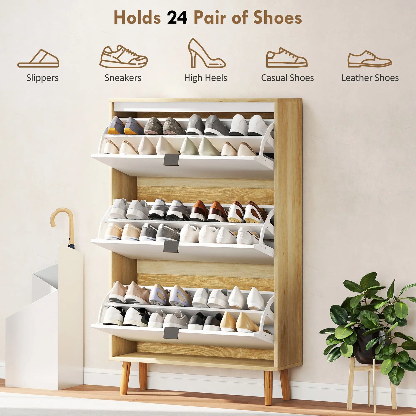 Narrow Shoe Cabinet, 3 Flip Drawers, Adjustable Shelves, Holds 24 Pairs, White Shoe Storage Cabinets & Racks at Gallery Canada
