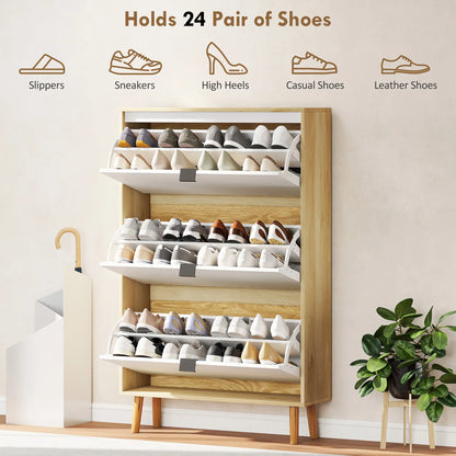 Narrow Shoe Cabinet, 3 Flip Drawers, Adjustable Shelves, Holds 24 Pairs, White Shoe Storage Cabinets & Racks at Gallery Canada