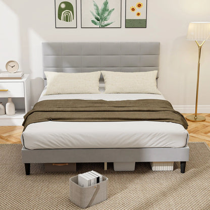Queen Size Bed Frame, Upholstered Headboard, Wood Slats, 1100 lbs, Grey Bed Frames at Gallery Canada
