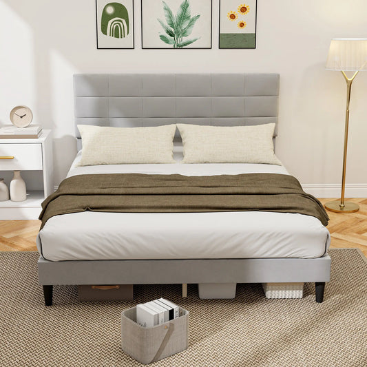 Queen Size Bed Frame, Upholstered Headboard, Wood Slats, 1100 lbs, Grey Bed Frames Grey at Gallery Canada