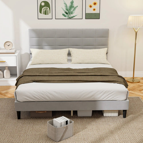 Queen Size Bed Frame, Upholstered Headboard, Wood Slats, 1100 lbs, Grey