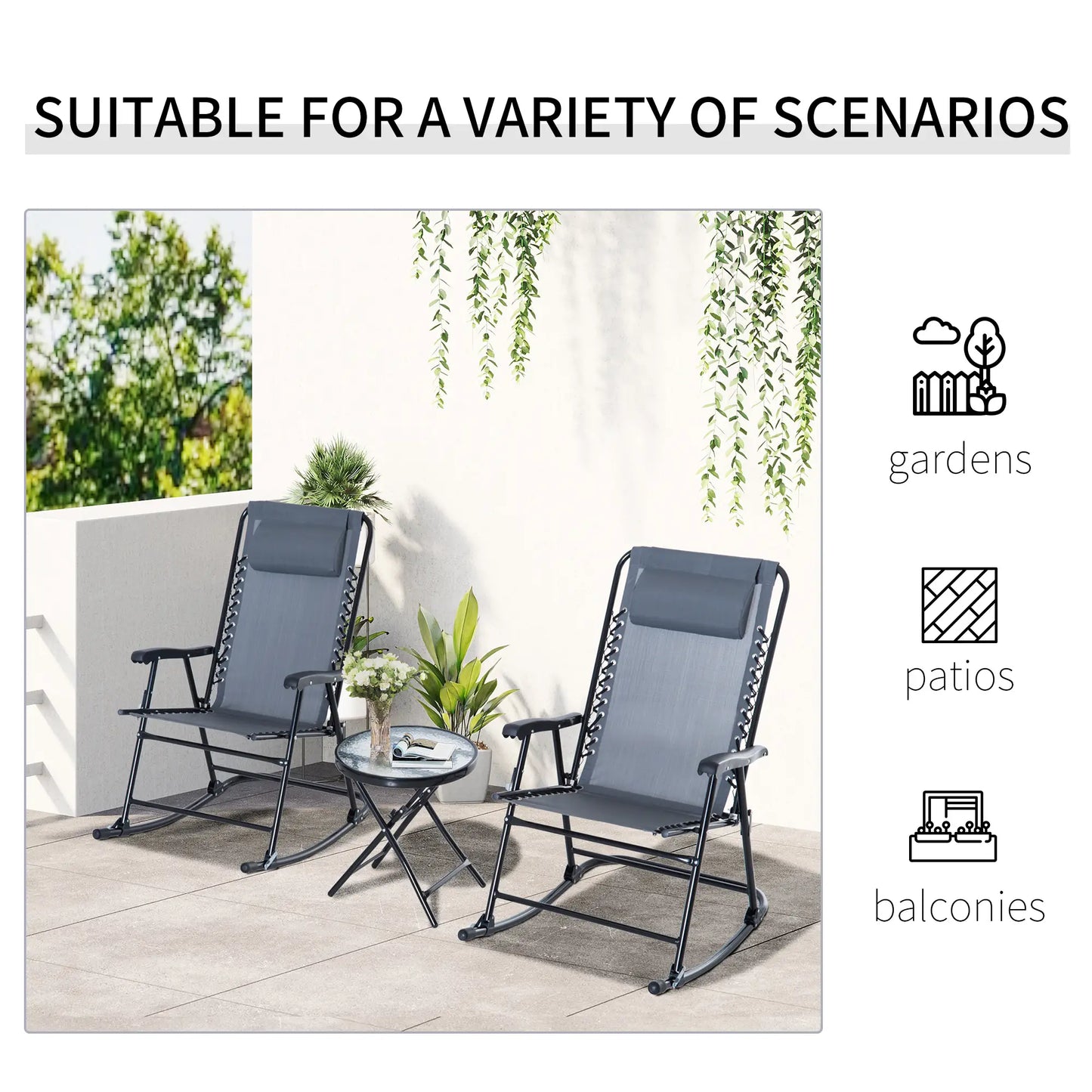 3pc Patio Rocking Chair Set, Folding Outdoor Chairs, Table, Grey Outdoor Rocking Chairs at Gallery Canada