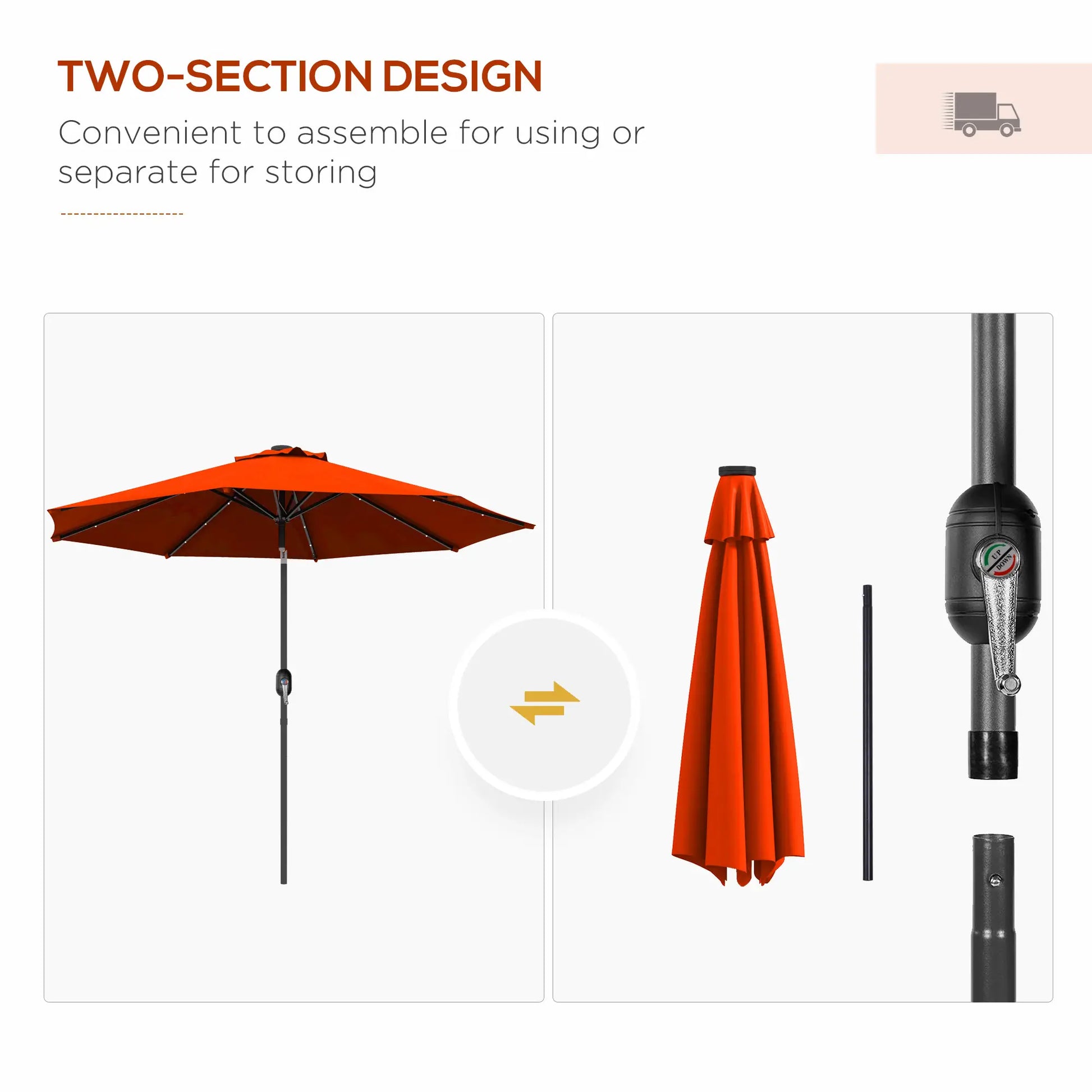 9ft Solar Patio Umbrella, 24 LED Lights, Tilt Canopy, Orange Sun Umbrellas at Gallery Canada
