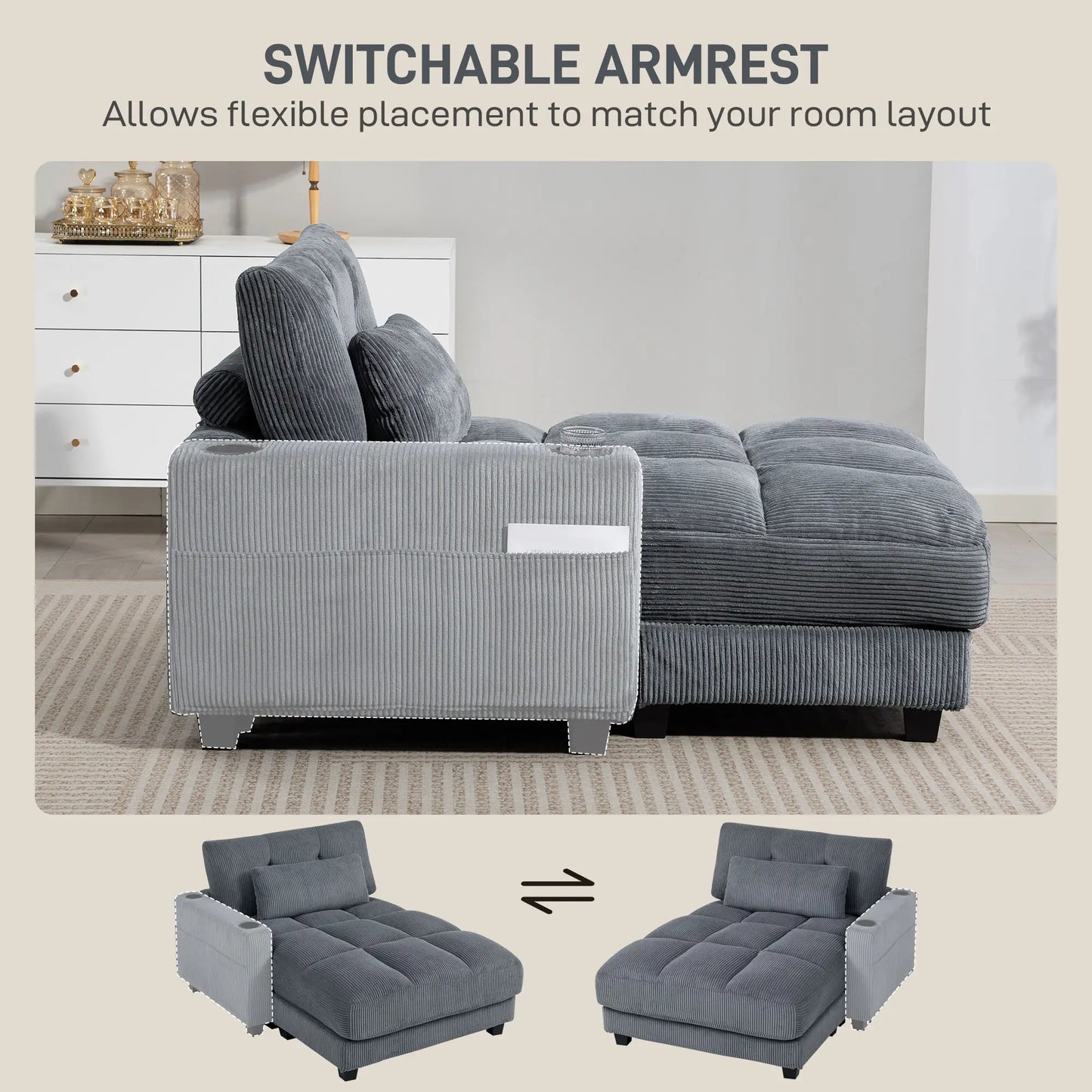 58 Inch Chaise Lounge, Oversized Corduroy Sofa Bed, Dark Grey Sofas & Reclining Chairs at Gallery Canada