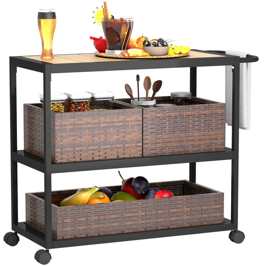 Outdoor Bar Cart, 3-Tier Rolling Cart With Removable Rattan Basket, Mixed-Brown Outdoor Grill Carts Black, Brown at Gallery Canada