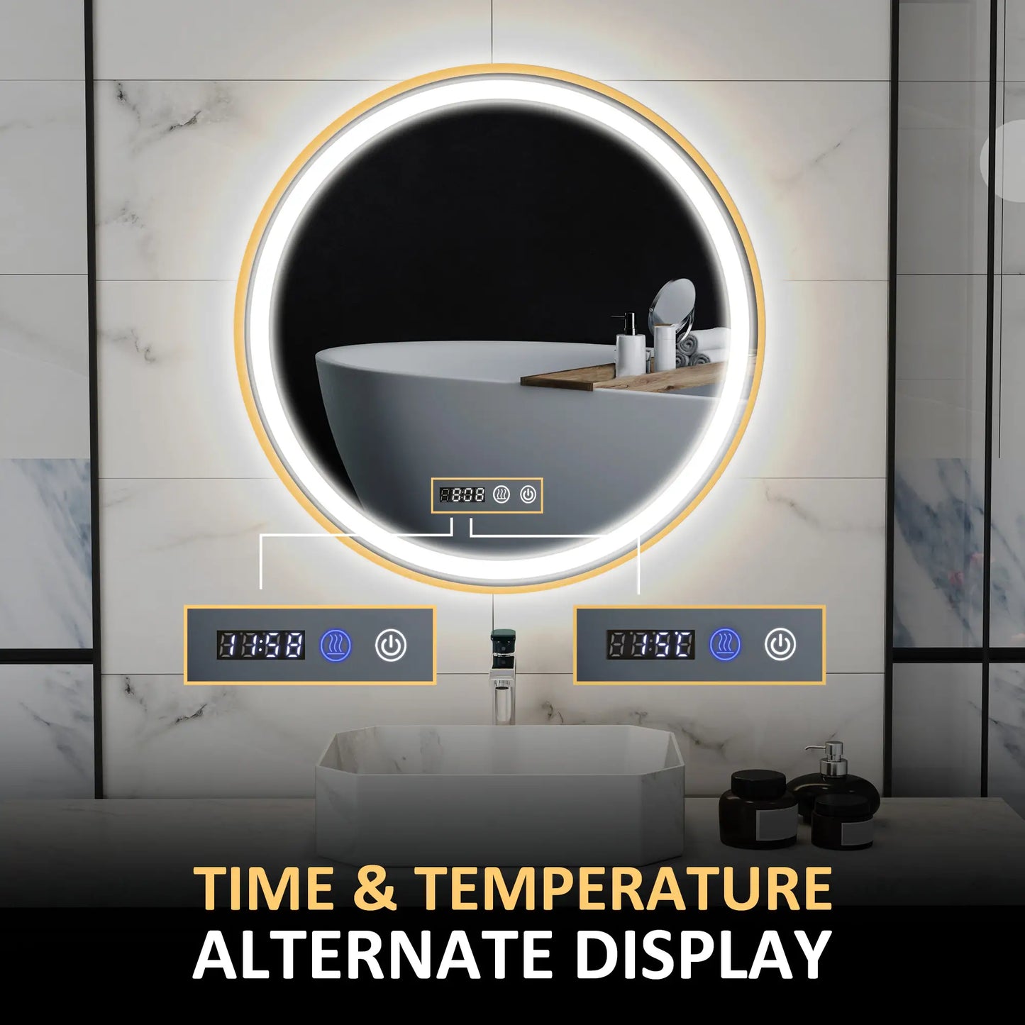28" Round LED Bathroom Mirror, Anti-Fog, Time Temp Display, Gold Wall Mirrors at Gallery Canada