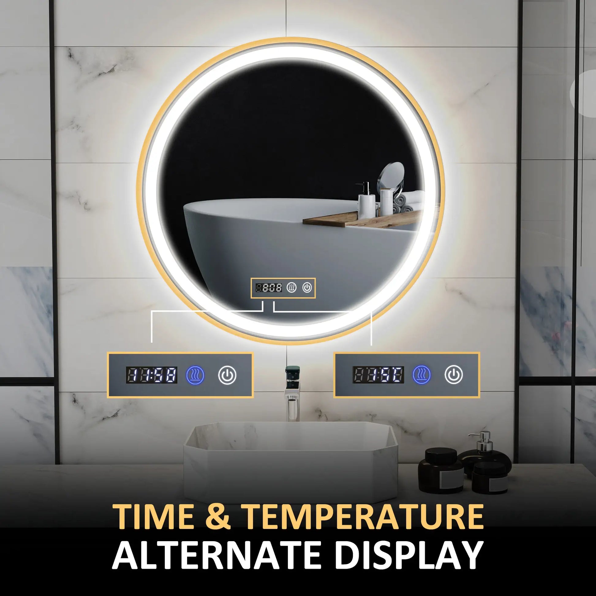 28" Round LED Bathroom Mirror, Anti-Fog, Time Temp Display, Gold Wall Mirrors at Gallery Canada