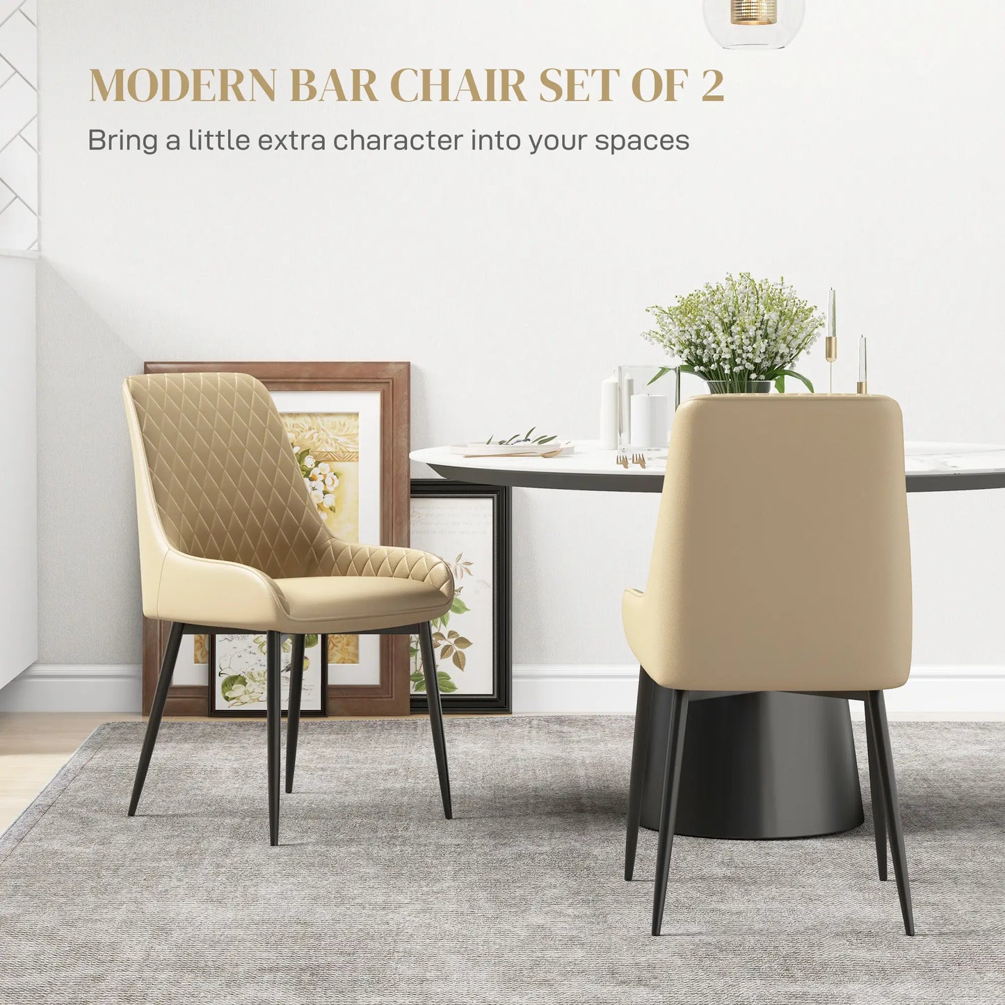 Modern Dining Chairs Set of 2, PU Leather, Metal Legs, Khaki Dining Chairs at Gallery Canada