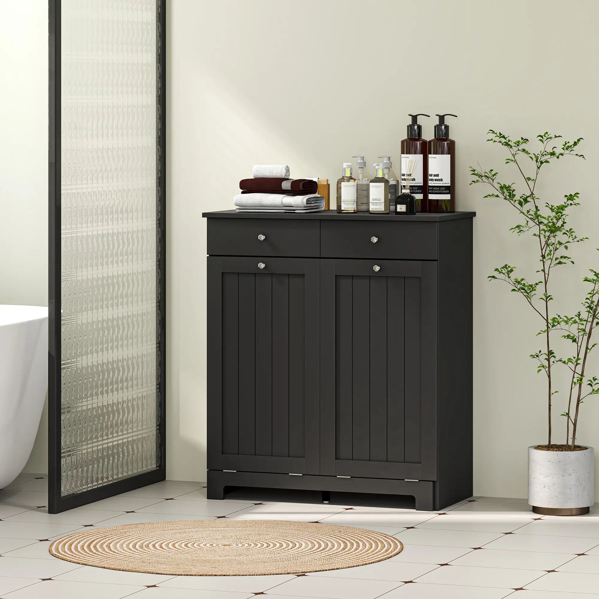 Laundry Cabinet, Tilt Out Hamper with 2 Baskets, 2 Drawers, Black Bathroom Cabinets at Gallery Canada