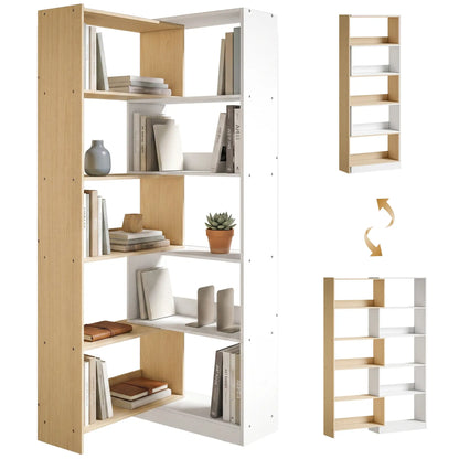 Corner Bookshelf, 5-Tier L-Shaped Bookcase with 350° Rotating Design, Two-Tone Design, Fruitwood/White Display Bookshelves at Gallery Canada