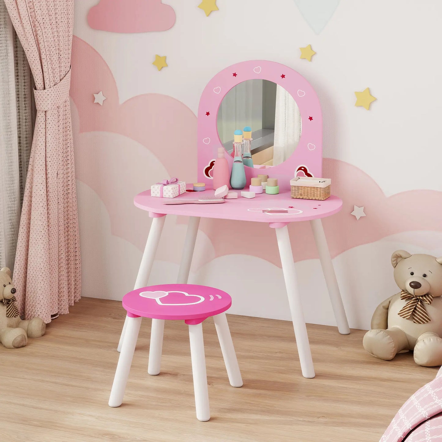 Kids Dressing Table with Mirror and Stool, Girls Vanity Set, Pink Toy Vanity at Gallery Canada