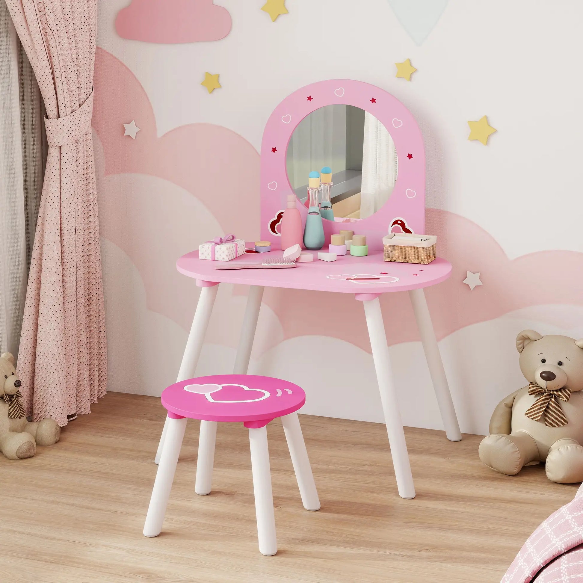 Kids Dressing Table with Mirror and Stool, Girls Vanity Set, Pink Toy Vanity at Gallery Canada