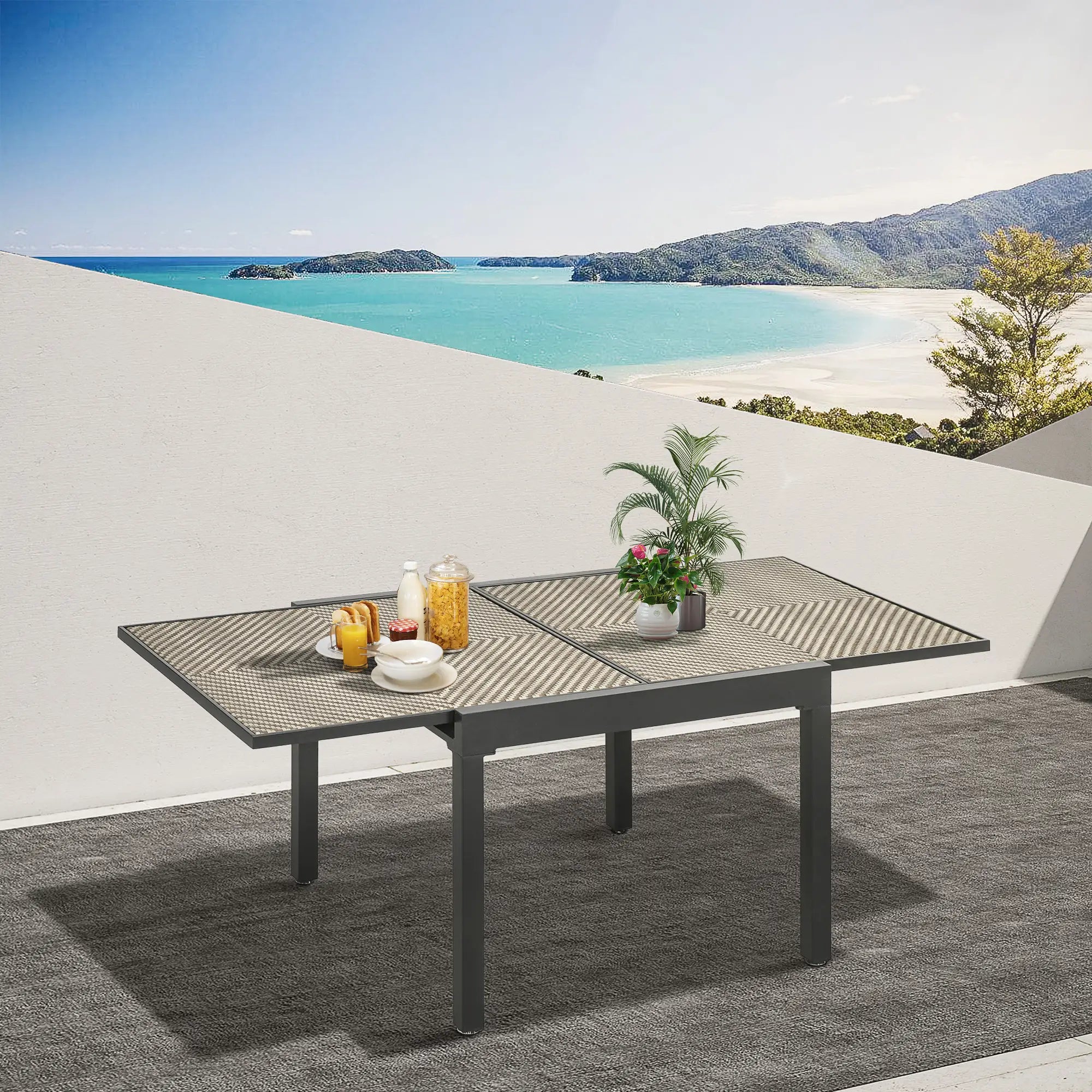 Extendable Rattan Dining Table, Aluminum Frame, 35.4