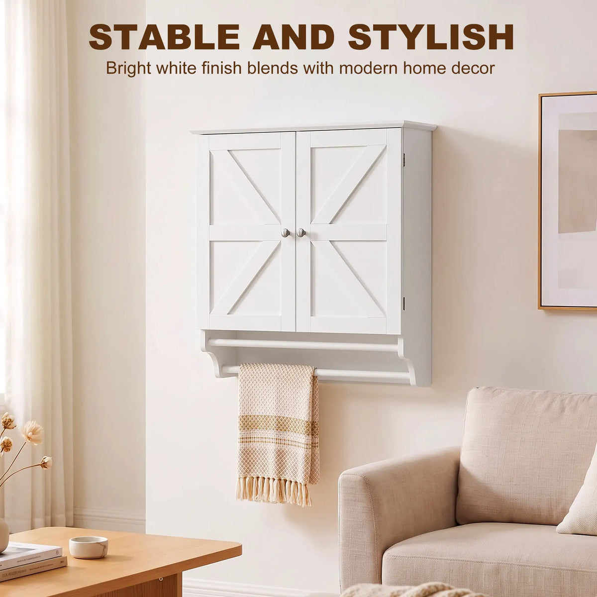 Bathroom Wall Cabinet with Adjustable Shelf, 2 Doors, Towel Racks, White