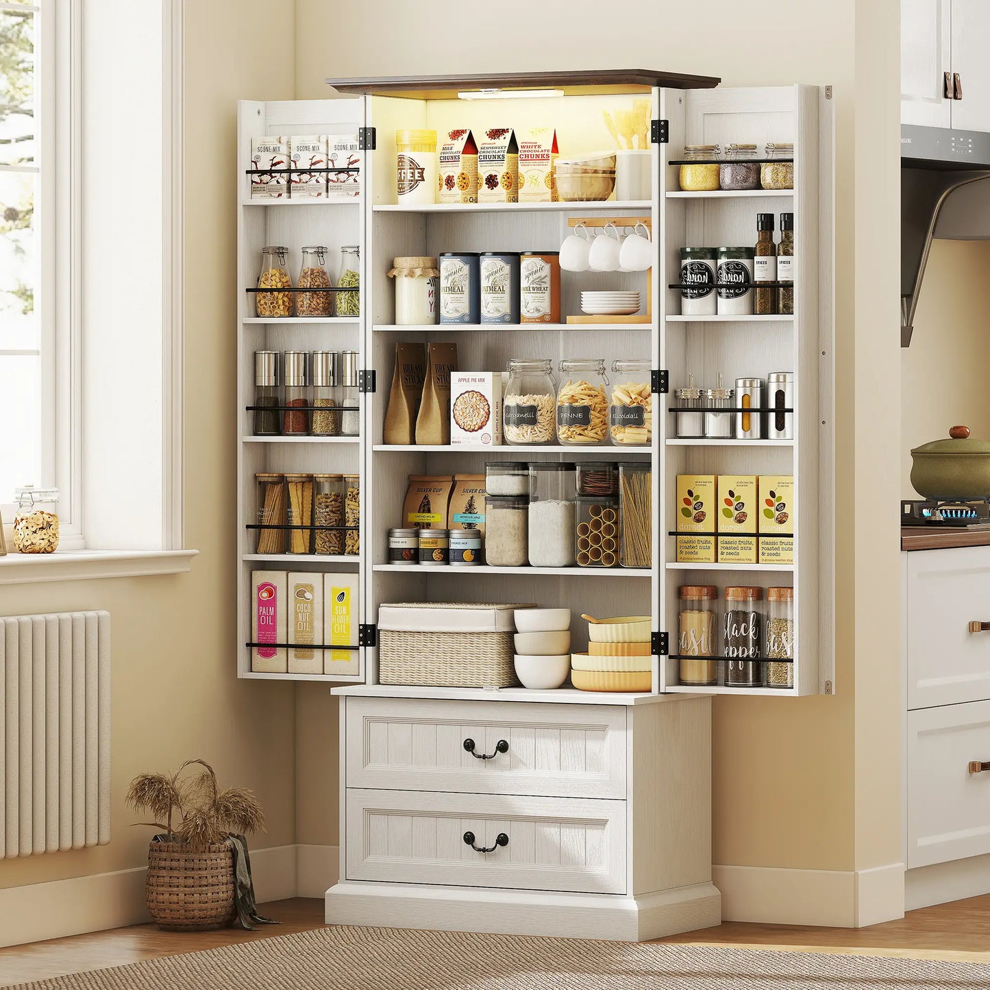 72" LED Kitchen Pantry Cabinet, 10 Door Shelves, 2 Drawers, White Kitchen Pantry Cabinets at Gallery Canada