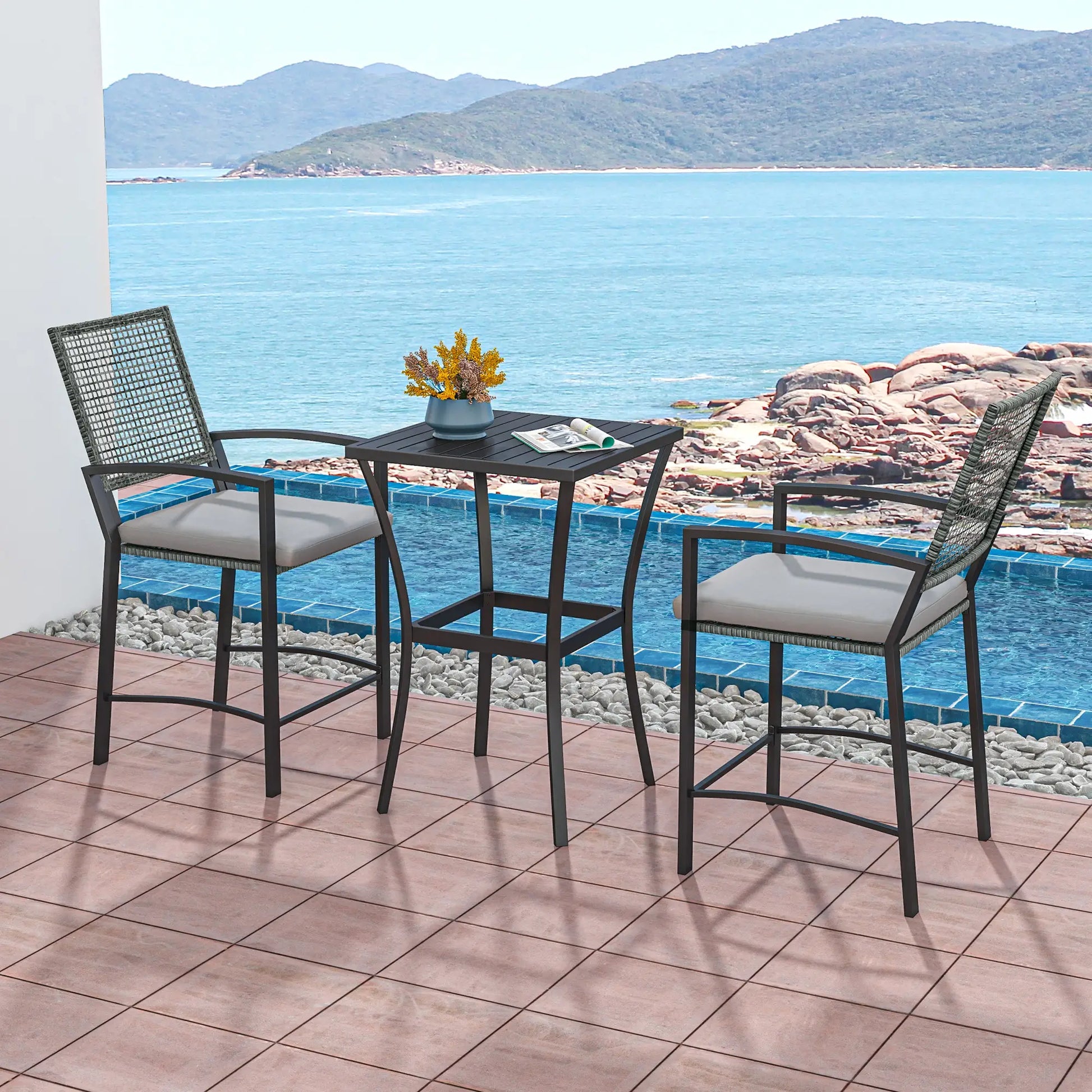 3pc Rattan Patio Bar Table, Chairs with Cushions, Bar Furniture Bistro Sets at Gallery Canada
