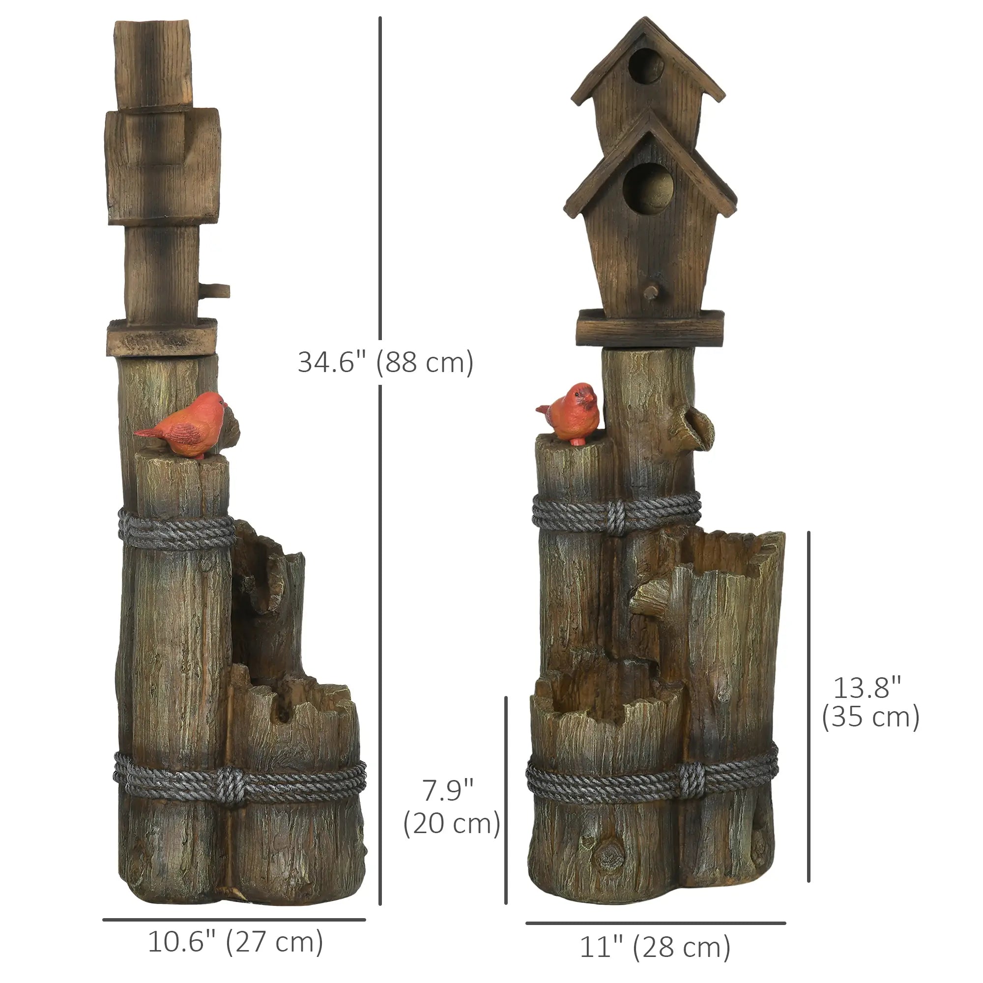 Outdoor Fountain, Garden Waterfall with Birdhouse, 3-Tier Tree Trunk, LED Lights, Brown Water Fountains at Gallery Canada