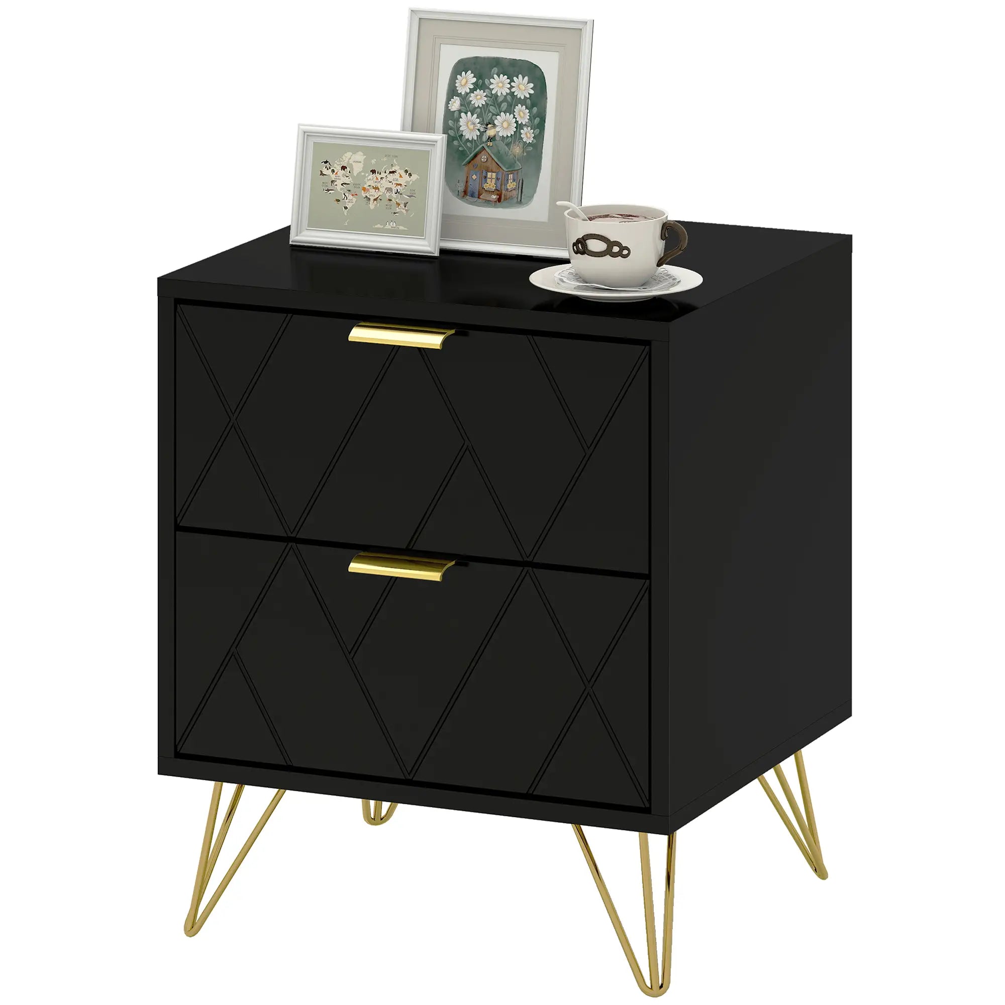 Modern Bedside Table, 2 Drawer Nightstand, Black Bedside Tables Black, Gold at Gallery Canada