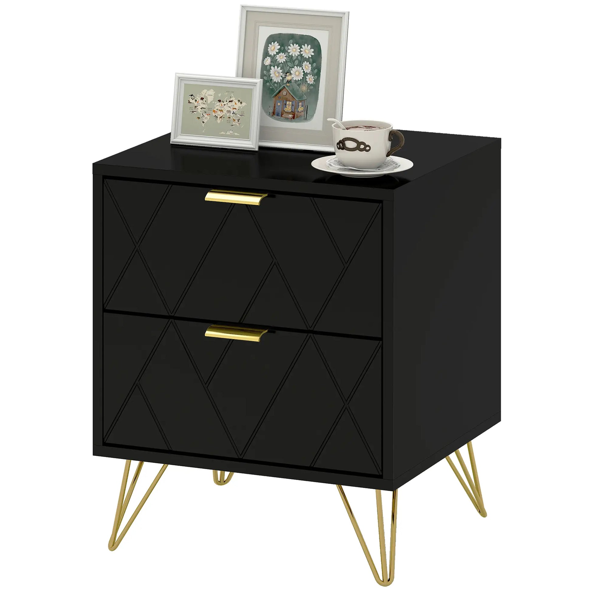 Modern Bedside Table, 2 Drawer Nightstand, Black Bedside Tables Black, Gold at Gallery Canada