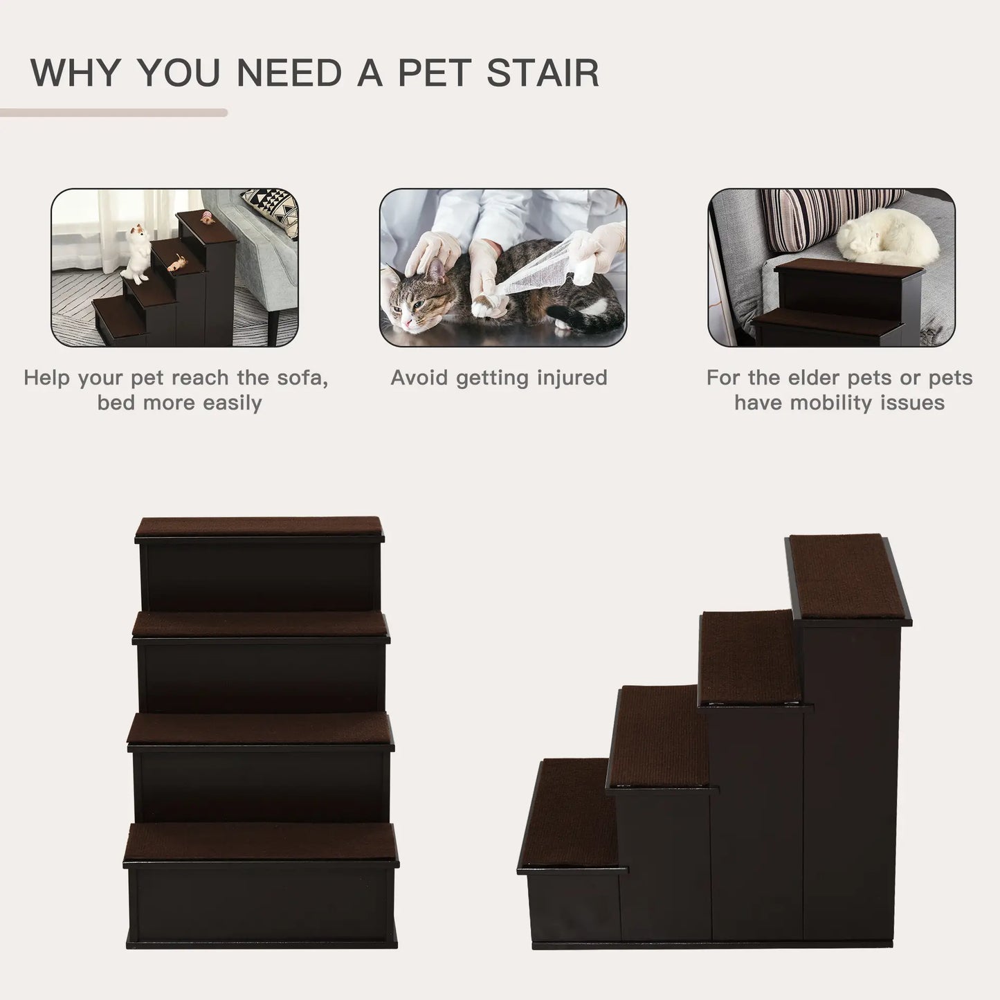4-Level Wooden Pet Stairs, Non-Slip Carpet, Dark Coffee Dog Stairs at Gallery Canada