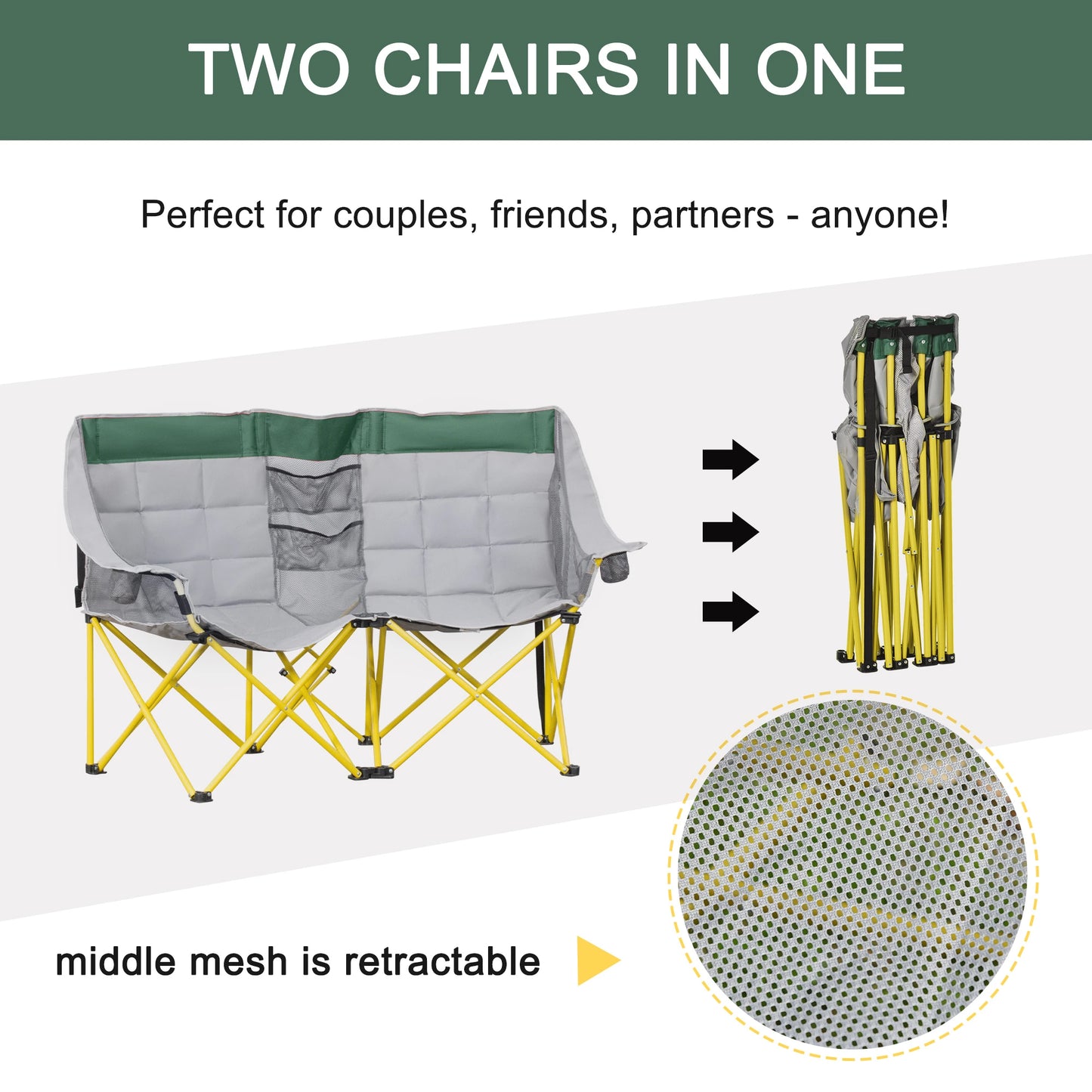 62" W Double Seat Camping Chair, Folding Lawn Loveseat, Storage Pocket, Cup Holder, Green Picnic Tables & Camping Chairs at Gallery Canada