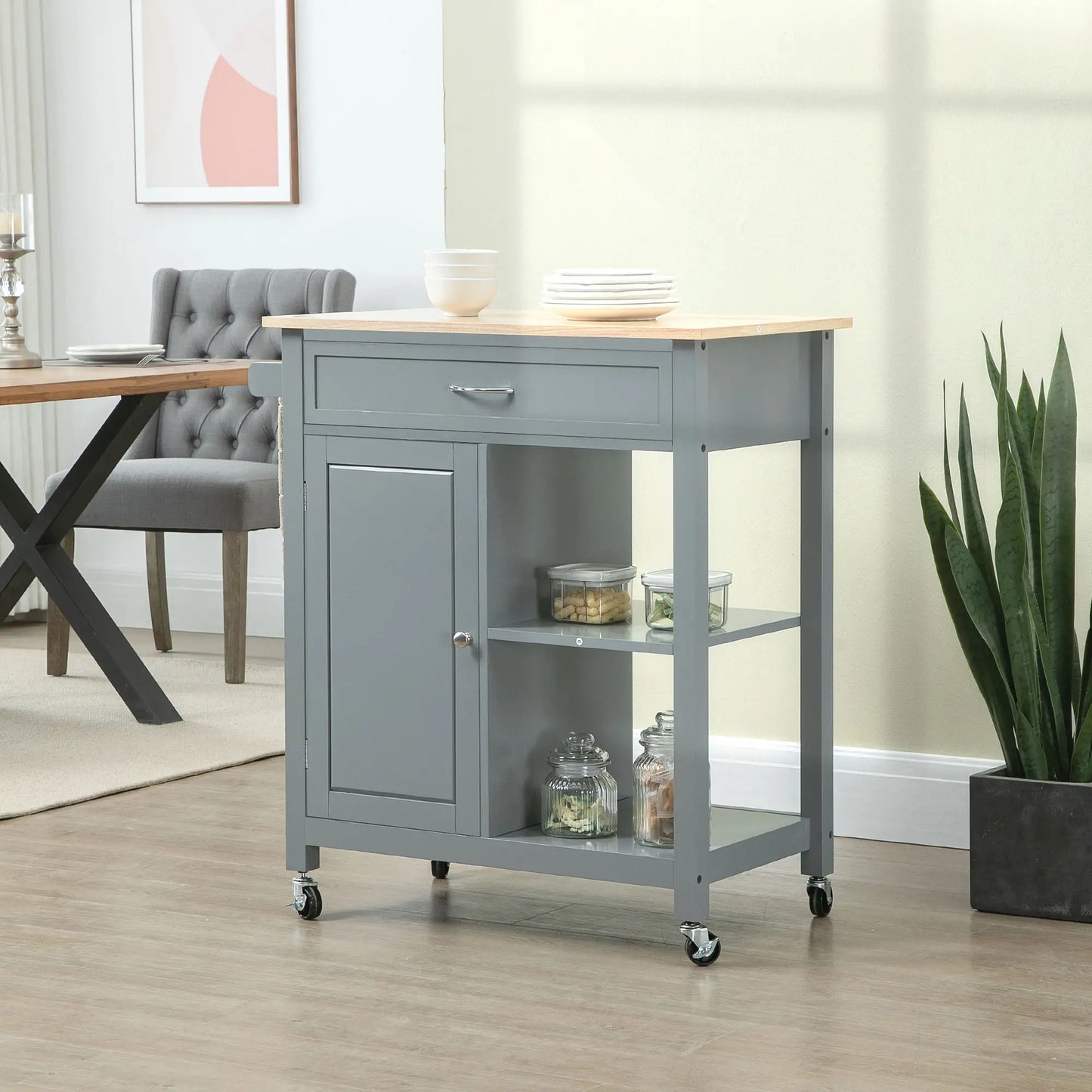 Rolling Kitchen Cart, Wood Top with Drawer, Kitchen Island on Wheels, Grey Kitchen Islands & Kitchen Carts at Gallery Canada