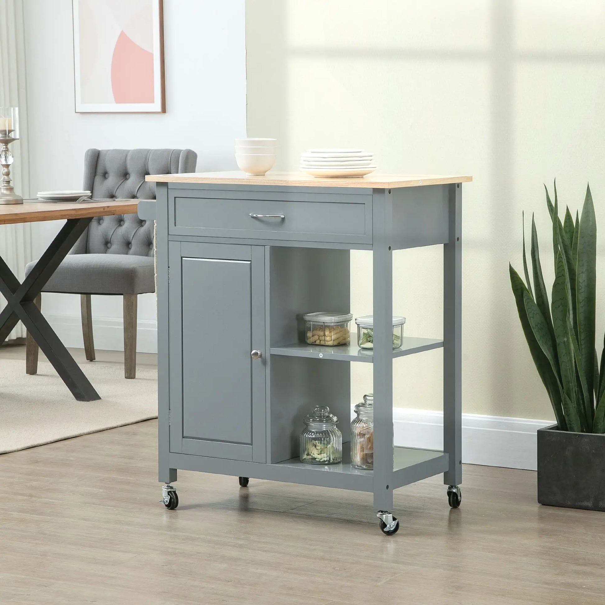 Rolling Kitchen Cart, Wood Top with Drawer, Kitchen Island on Wheels, Grey Kitchen Islands & Kitchen Carts at Gallery Canada