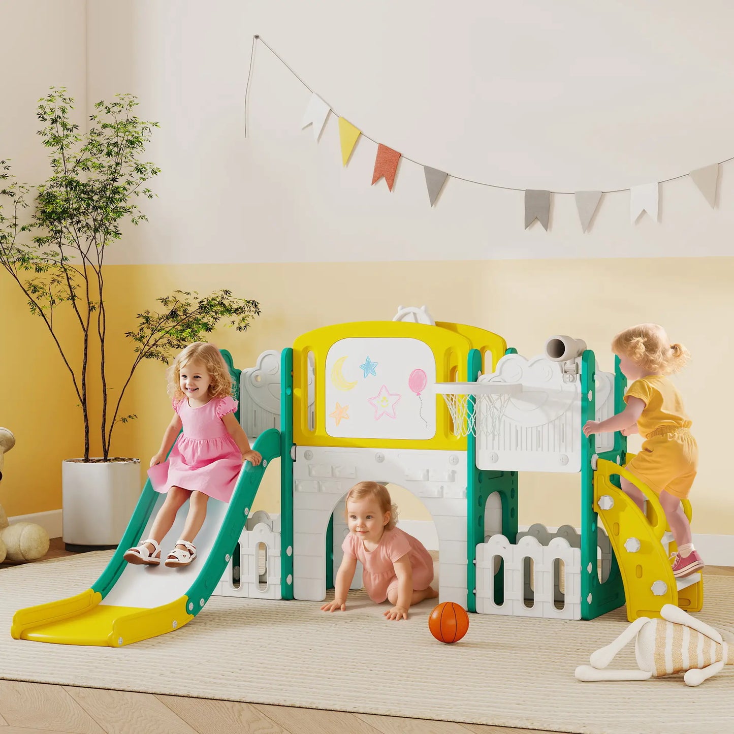 7-in-1 Toddler Slide With Basketball Hoop, Yellow Gym Sets & Swings at Gallery Canada