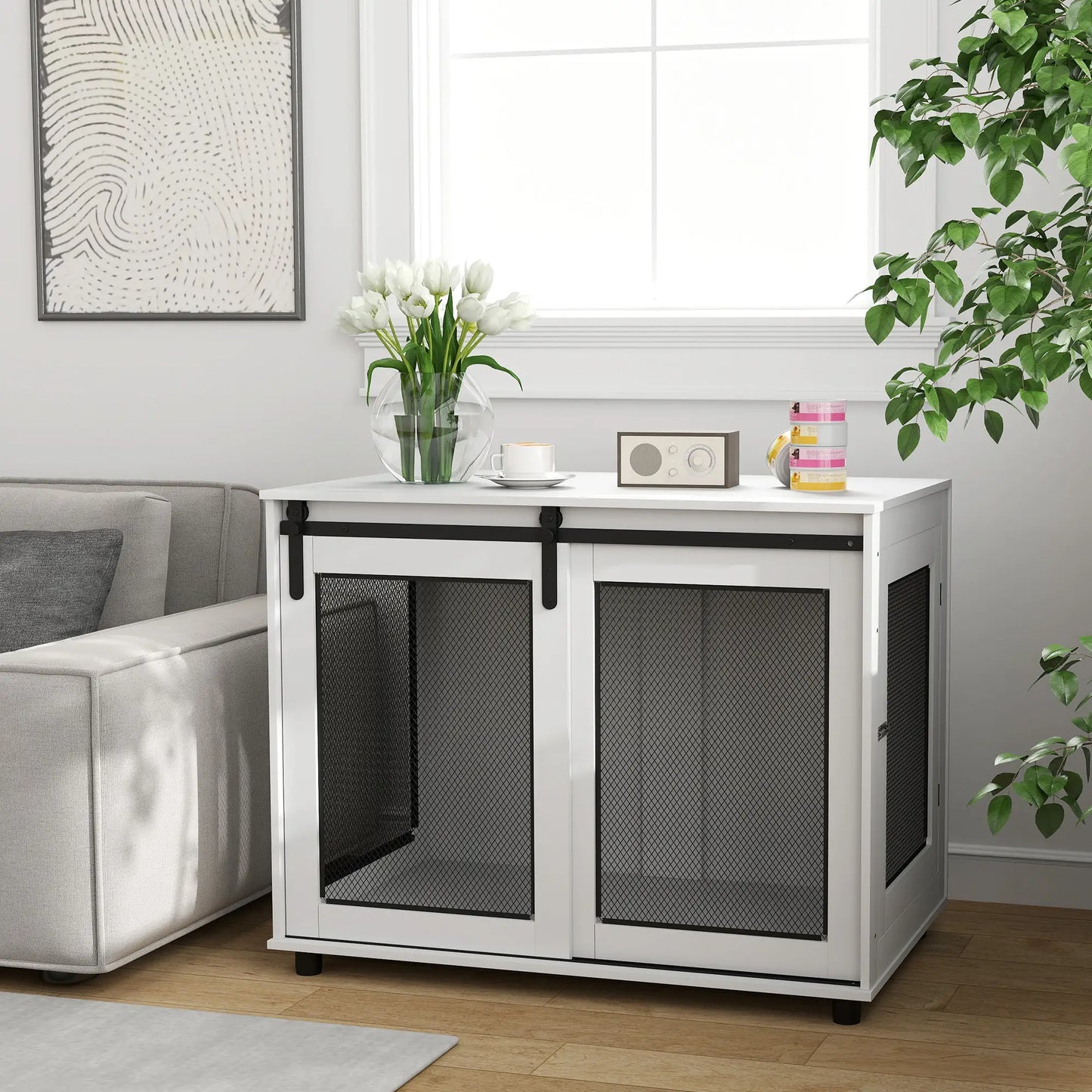 39" Dog Crate Furniture, Sliding Barn Door, Large Dog Cage End Table, White Houses, Kennels & Pens at Gallery Canada