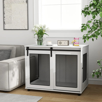 39" Dog Crate Furniture, Sliding Barn Door, Large Dog Cage End Table, White Houses, Kennels & Pens at Gallery Canada